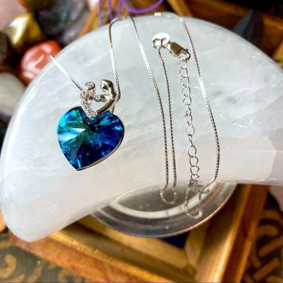 Mother Child Heart of the Ocean Crystal Sterling Silver Necklace - Picture 2 of 6